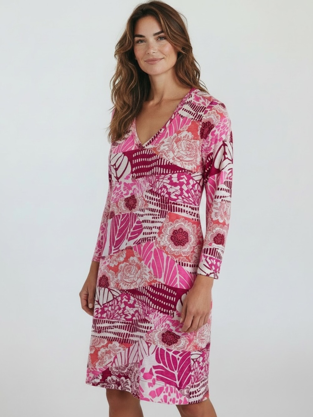 Caribbean Joe Petite Pink Tropical Floral V-Neck Dress Petite S